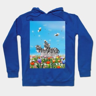 Summer Stroll, Cute Zebras, Beautiful Flowers Glad, Sunny Day, Watercolor Illustration Hoodie